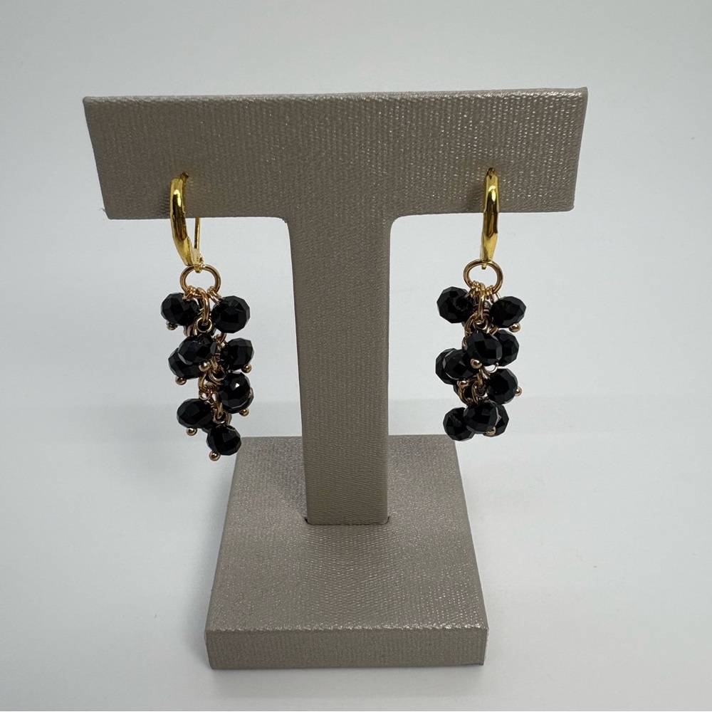 Black Crystal Ball Bead Chunky Cluster Earrings in Gold Tone, Brand New